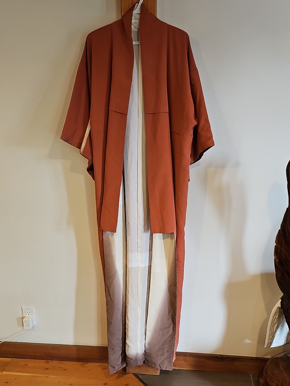 Authentic Vintage Silk Kimono Robe, Orange Crepe Silk, Patterned Lining, Genroku